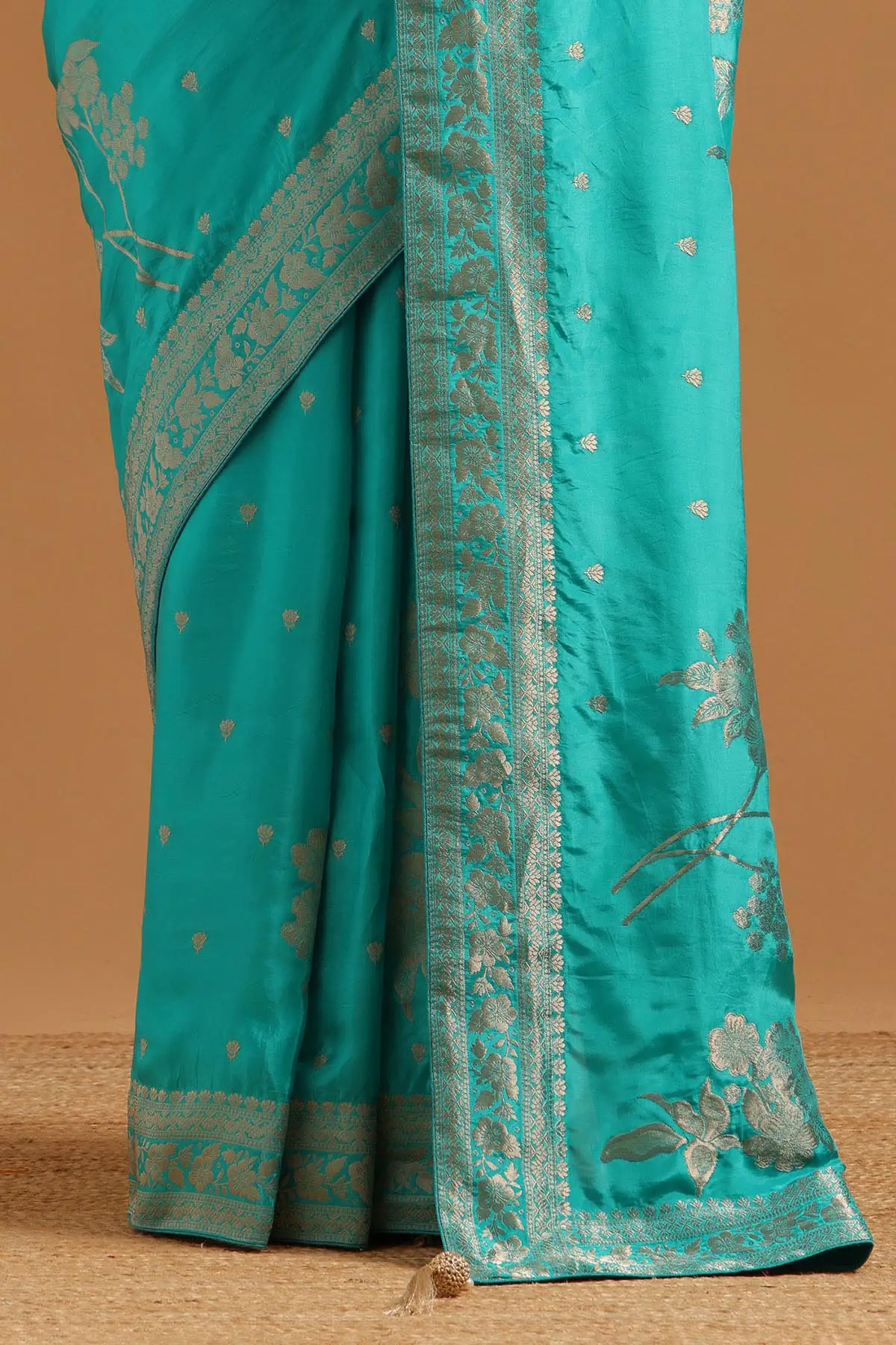 Turquoise Blue Crepe Floral Zari Woven Saree